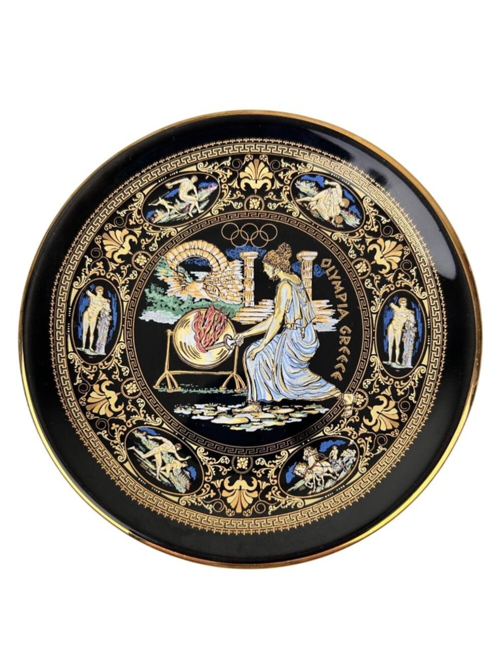 Greece Olympia Black Ceramic Plate 24K Gold Decorative Plate 6.75" Souvenir VTG